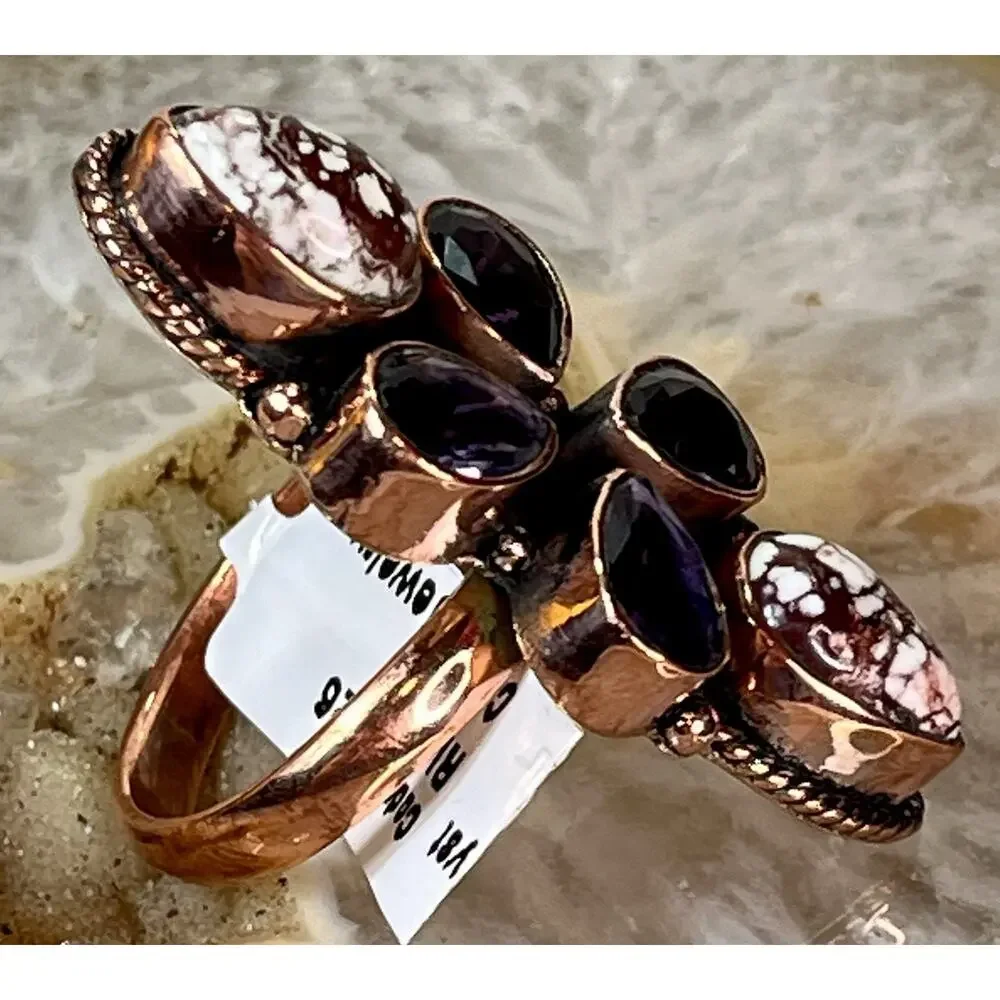 Wild Horse Turquoise Amethyst Copper Cluster SW Statement Ring Adj Sz Handmade